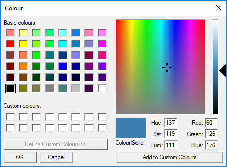 Picture showing the Custom Colours selection and configuration box.