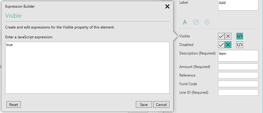 Picture showing the Expression Builder allowing you to enter a JavaScript expression.