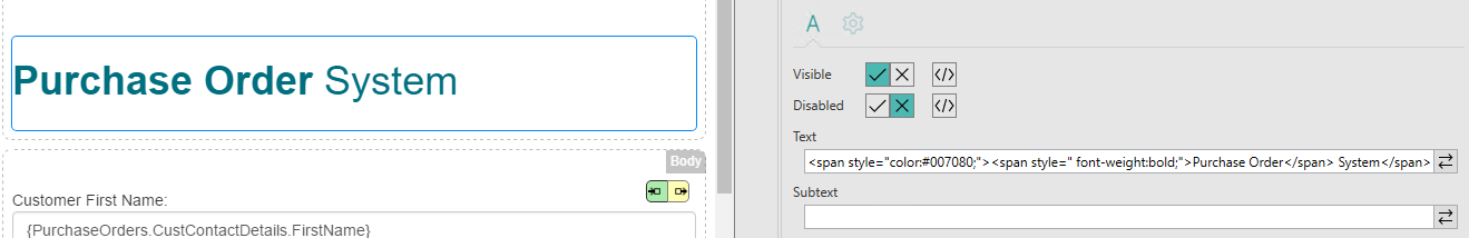 Picture showing inclusion of HTML within a Text or Label property.