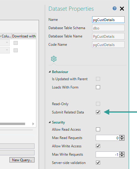 Displays an image of the Dataset Properties Pane showing the Manage Related Data property
