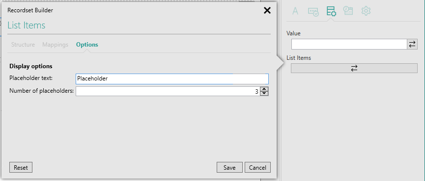 Picture showing the Recordset Builder Popup.