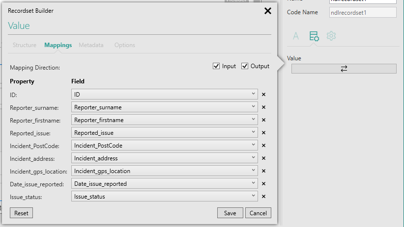 Picture showing Recordset Builder popup's Mappings tab for an existing database.