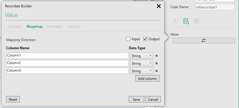 Picture showing Recordset Builder popups Mappings tab with multiple columns added to Dataset.