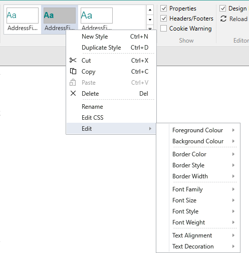 Picture showing the Style editing Menu.