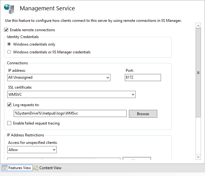 Picture showing the IIS Management Management Service options.
