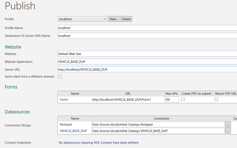 Image showing a revised Publish Profile.